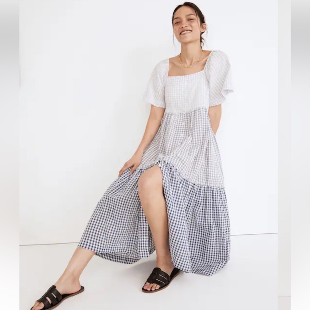 Madewell Patchwork Gingham Button-Front Tiered Mi… - image 1